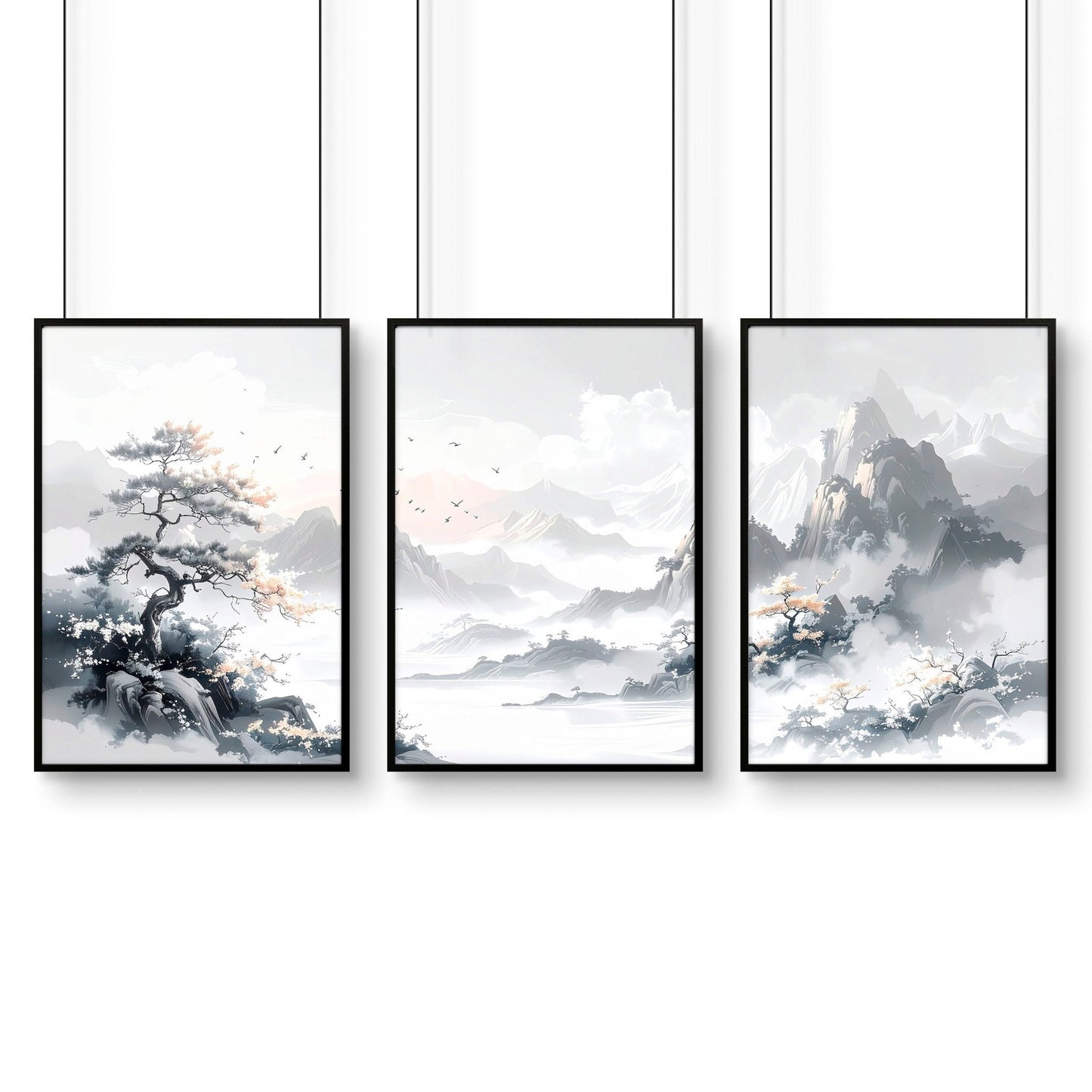 Modern Pictures For Living Room | Set of 3 Asian Inspired Wall art Prints