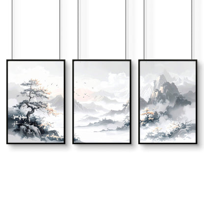 Modern Pictures For Living Room | Set of 3 Asian Inspired Wall art Prints