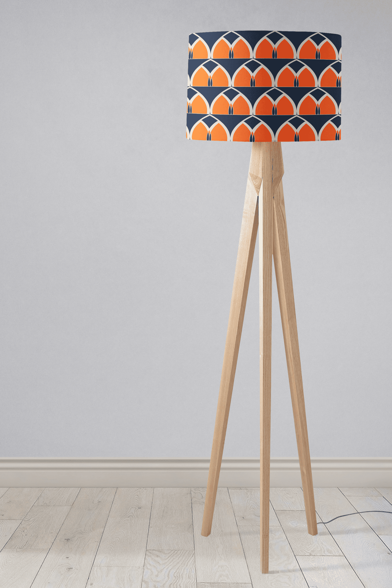 Navy Blue and Orange Drum Lampshade, Retro Geometric Arches Design Shade for Table, Floor or Ceiling Pendant Light