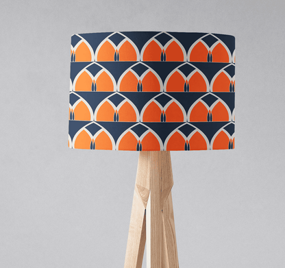 Navy Blue and Orange Drum Lampshade, Retro Geometric Arches Design Shade for Table, Floor or Ceiling Pendant Light