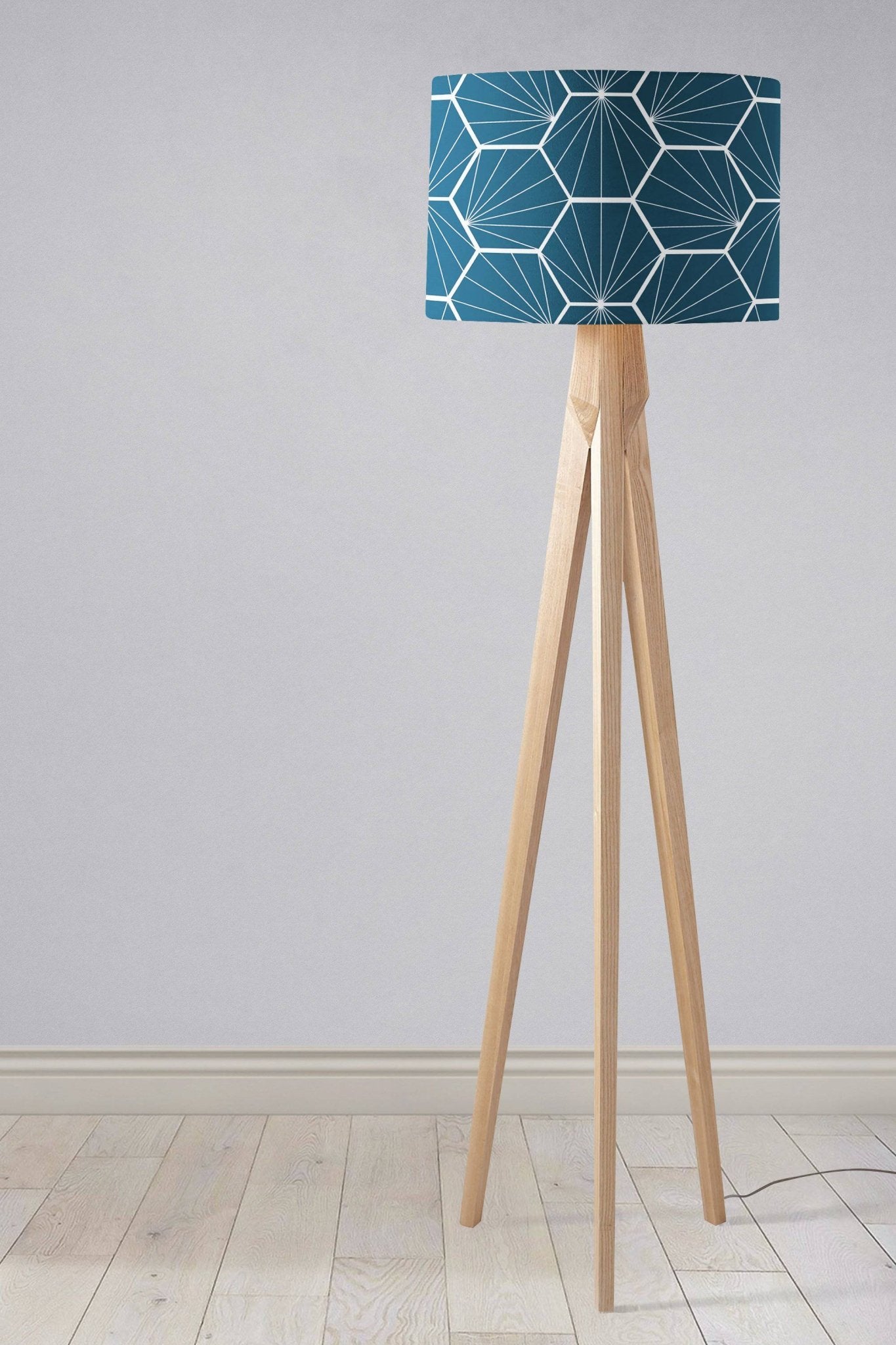 Peacock Blue Drum Lampshade, White Hexagon Design Shade for Table, Floor or Ceiling Pendant Light