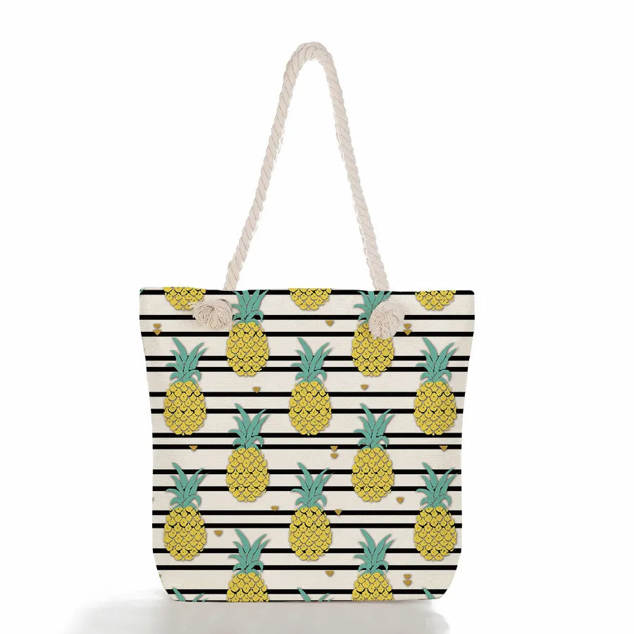 Women's cotton and linen Fruit Strawberry Cute Square Zipper Tote Bag