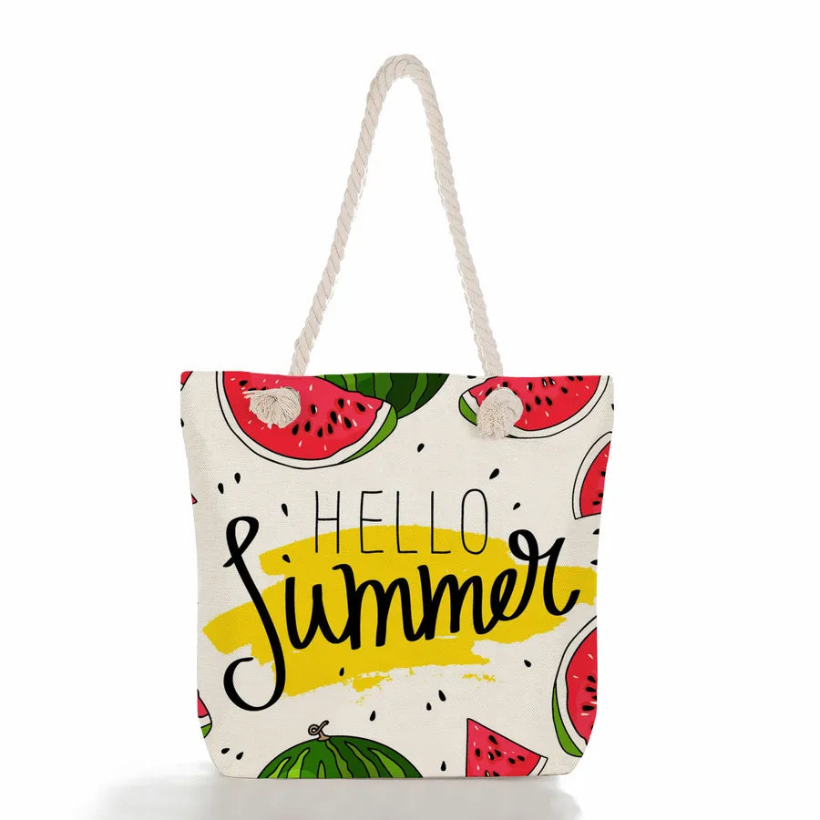 Women's cotton and linen Fruit Strawberry Cute Square Zipper Tote Bag