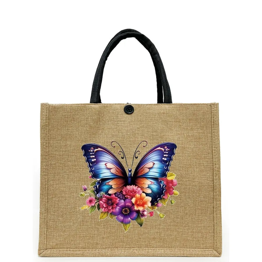 Women's Linen Flower Butterfly Elegant Square Buckle Tote Bag