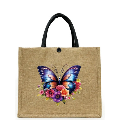 Women's Linen Flower Butterfly Elegant Square Buckle Tote Bag