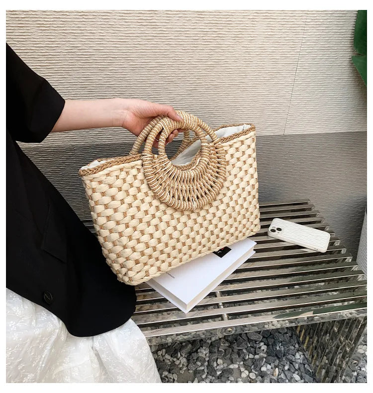 Women's Medium Straw Solid Color Vacation Streetwear Weave Zipper Straw Bag