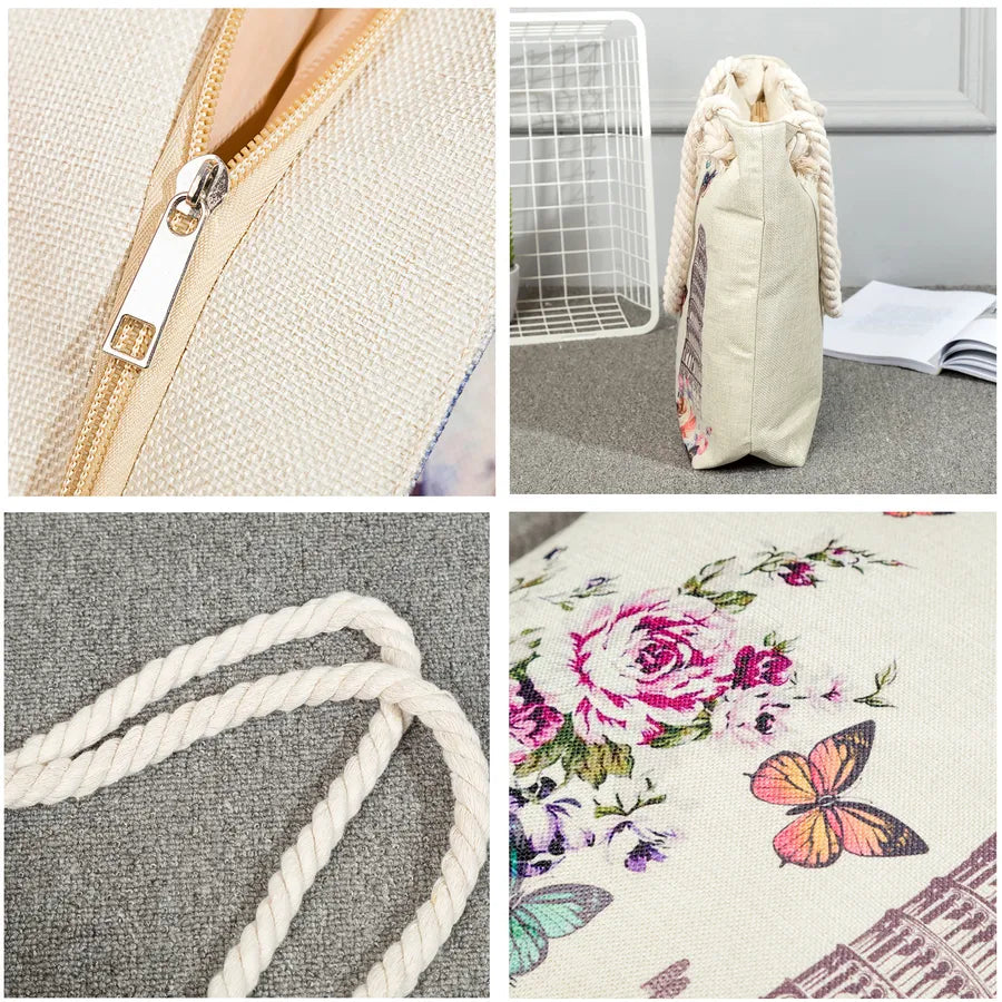 Women's cotton and linen Fruit Strawberry Cute Square Zipper Tote Bag