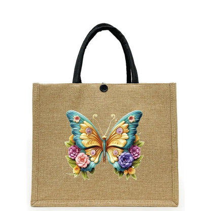 Women's Linen Flower Butterfly Elegant Square Buckle Tote Bag