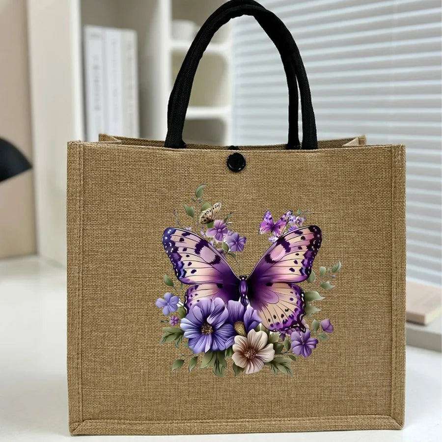 Women's Linen Flower Butterfly Elegant Square Buckle Tote Bag