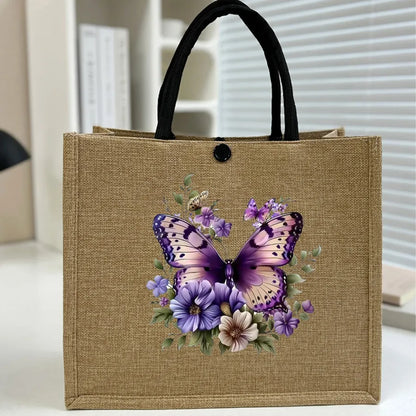 Women's Linen Flower Butterfly Elegant Square Buckle Tote Bag