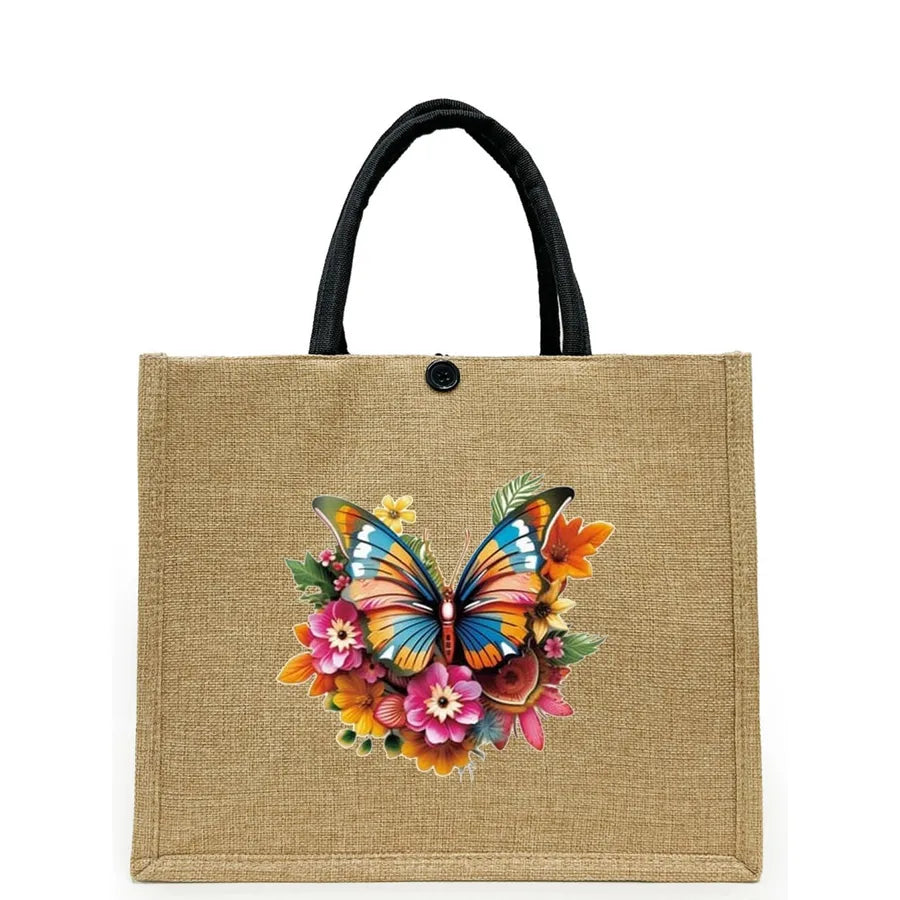 Women's Linen Flower Butterfly Elegant Square Buckle Tote Bag