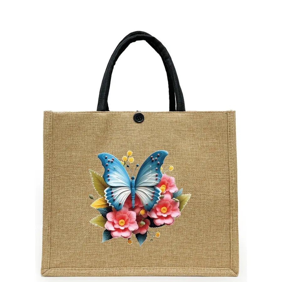 Women's Linen Flower Butterfly Elegant Square Buckle Tote Bag