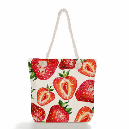 Women's cotton and linen Fruit Strawberry Cute Square Zipper Tote Bag