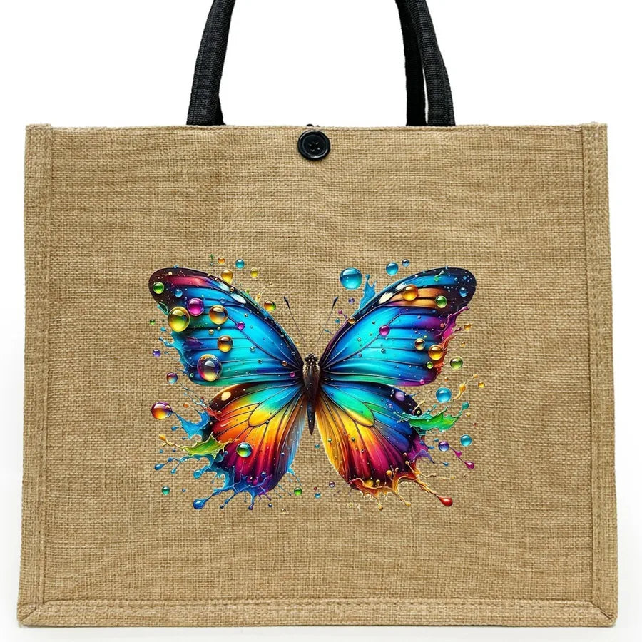 Women's Linen Flower Butterfly Elegant Square Buckle Tote Bag
