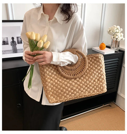 Women's Medium Straw Solid Color Vacation Streetwear Weave Zipper Straw Bag