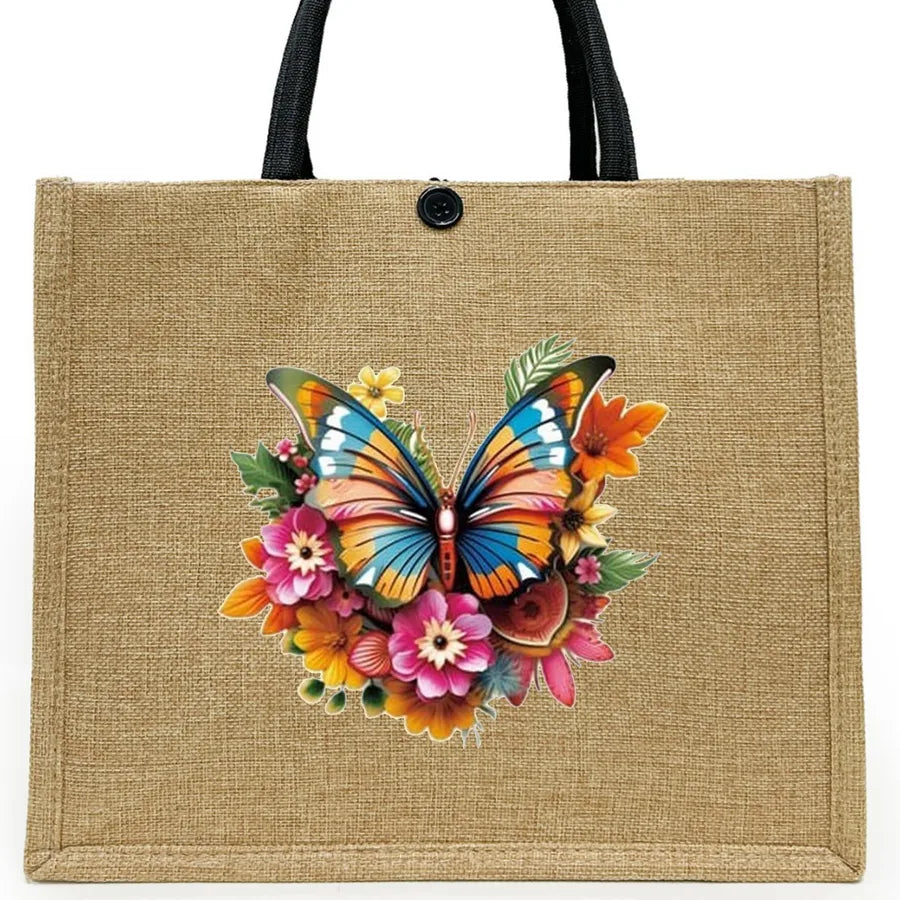 Women's Linen Flower Butterfly Elegant Square Buckle Tote Bag