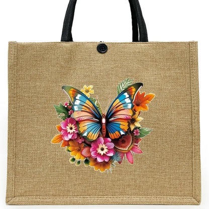 Women's Linen Flower Butterfly Elegant Square Buckle Tote Bag
