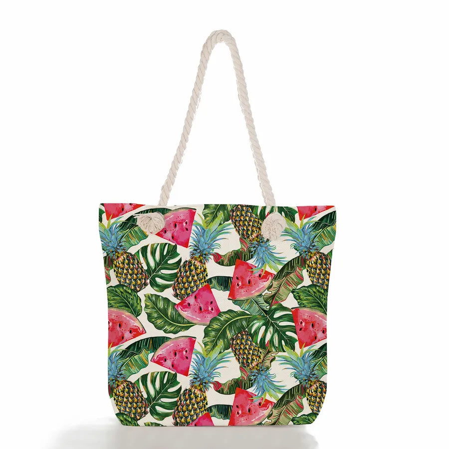 Women's cotton and linen Fruit Strawberry Cute Square Zipper Tote Bag