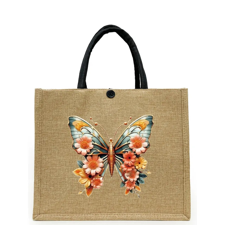 Women's Linen Flower Butterfly Elegant Square Buckle Tote Bag