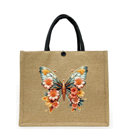Women's Linen Flower Butterfly Elegant Square Buckle Tote Bag