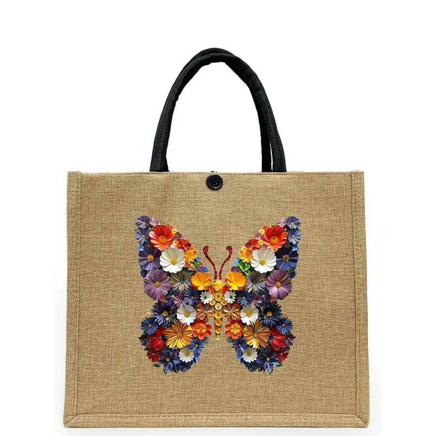 Women's Linen Flower Butterfly Elegant Square Buckle Tote Bag