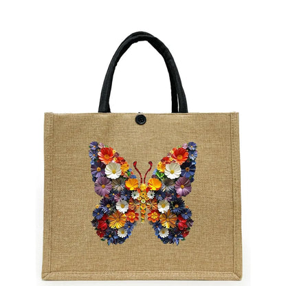 Women's Linen Flower Butterfly Elegant Square Buckle Tote Bag