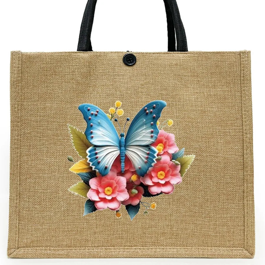 Women's Linen Flower Butterfly Elegant Square Buckle Tote Bag