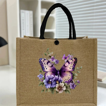 Women's Linen Flower Butterfly Elegant Square Buckle Tote Bag