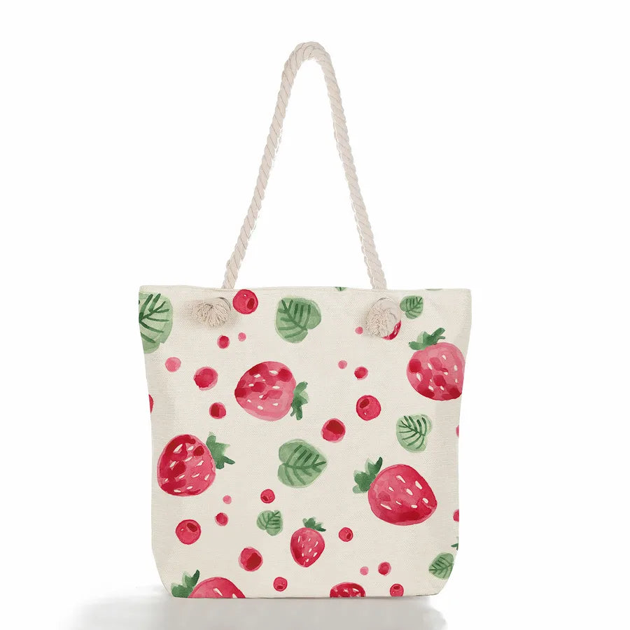 Women's cotton and linen Fruit Strawberry Cute Square Zipper Tote Bag