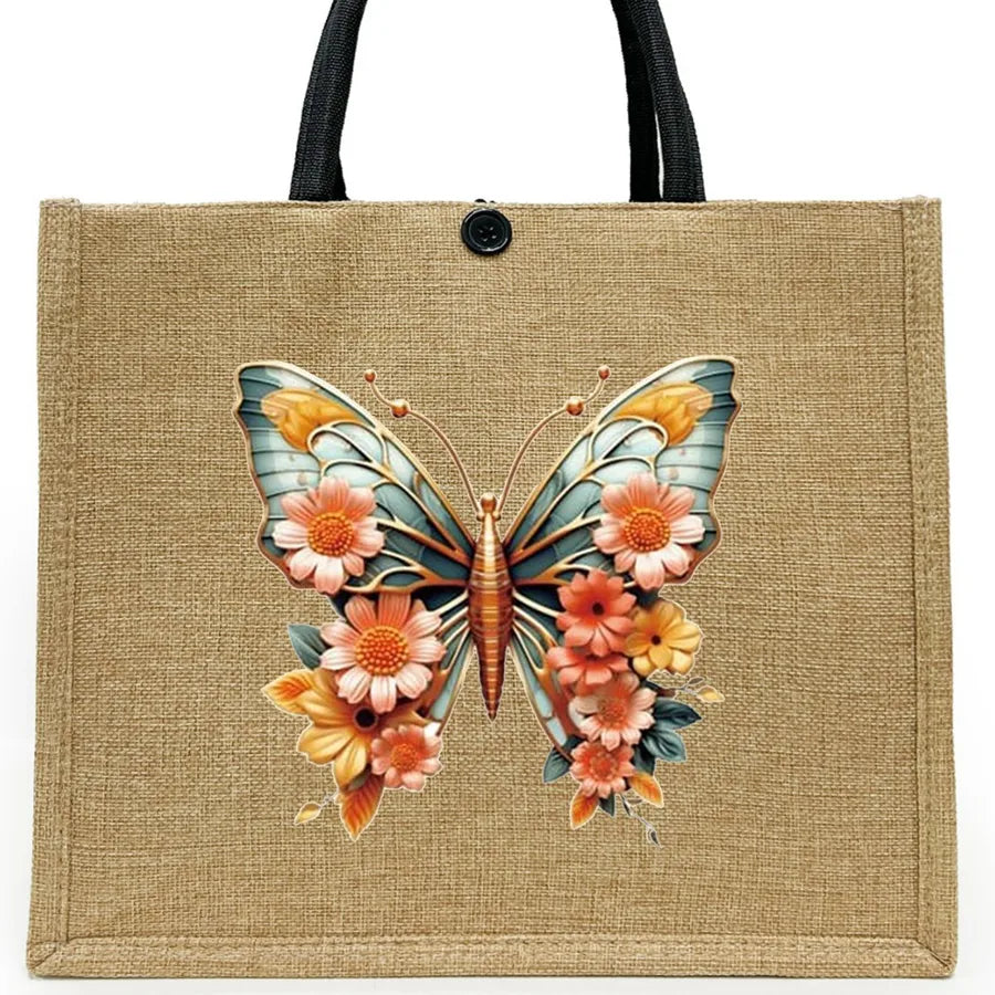 Women's Linen Flower Butterfly Elegant Square Buckle Tote Bag