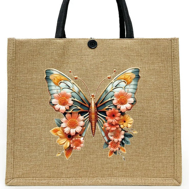 Women's Linen Flower Butterfly Elegant Square Buckle Tote Bag